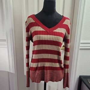 Metaphor Red and Cream Striped V-Neck Sweater